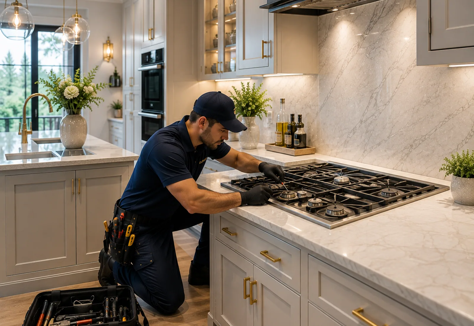 DM Appliance Repair technician fixing a cooktop in a Des Moines home