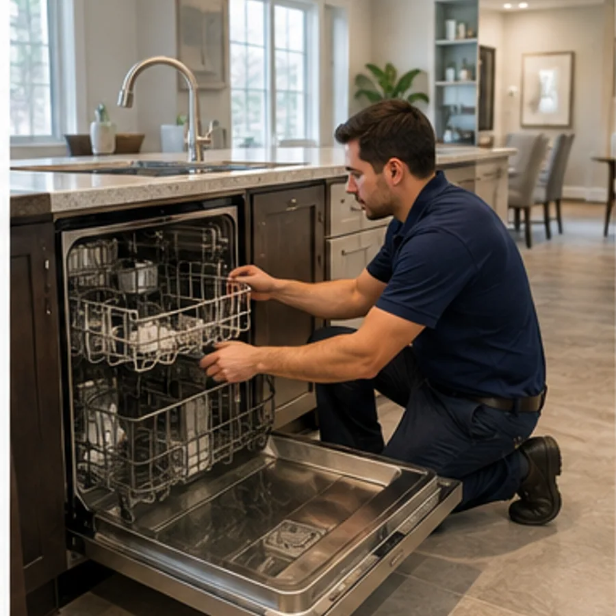 DM Appliance Repair technician fixing a built-in dishwasher in a Des Moines kitchen