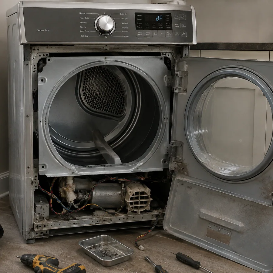 DM Appliance Repair technician servicing a residential dryer with the drum panel removed in a Des Moines laundry room