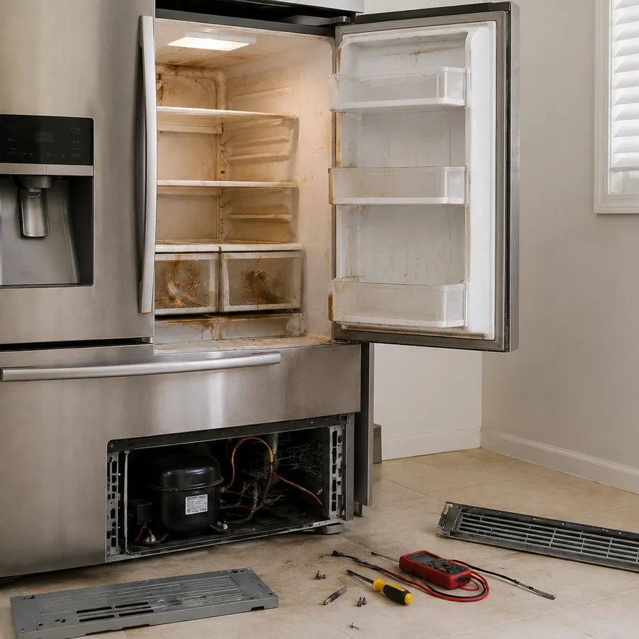 Open stainless steel freezer with the compressor exposed for repair in a Des Moines kitchen