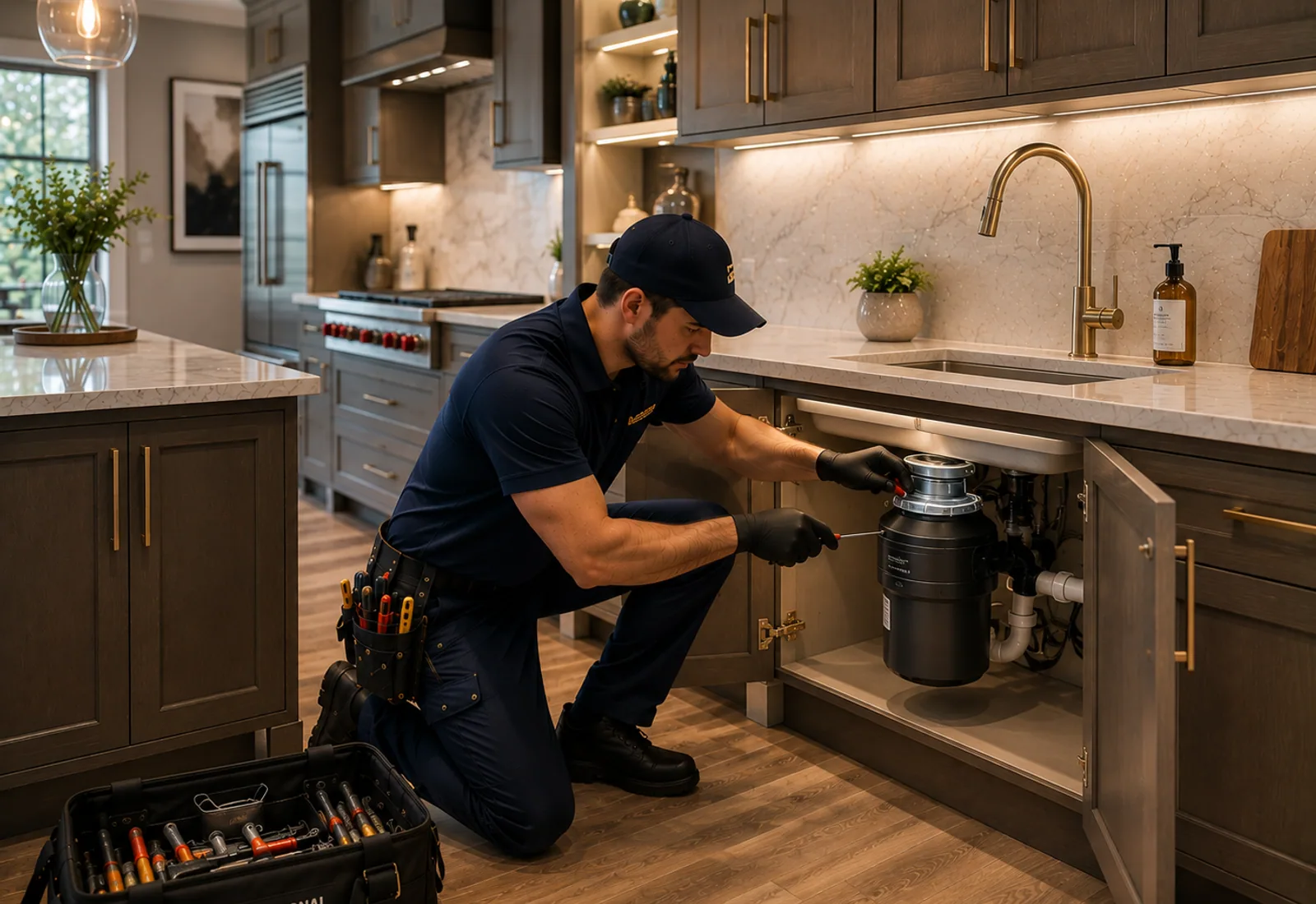 DM Appliance Repair technician fixing a garbage disposal in a Des Moines home