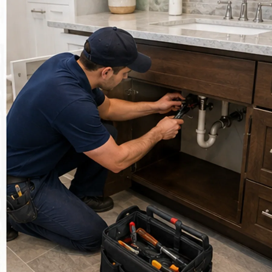 DM Appliance Repair technician repairing an under sink garbage disposal in a Des Moines kitchen