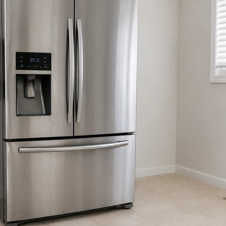 Stainless steel refrigerator with built in ice and water dispenser in a Des Moines kitchen
