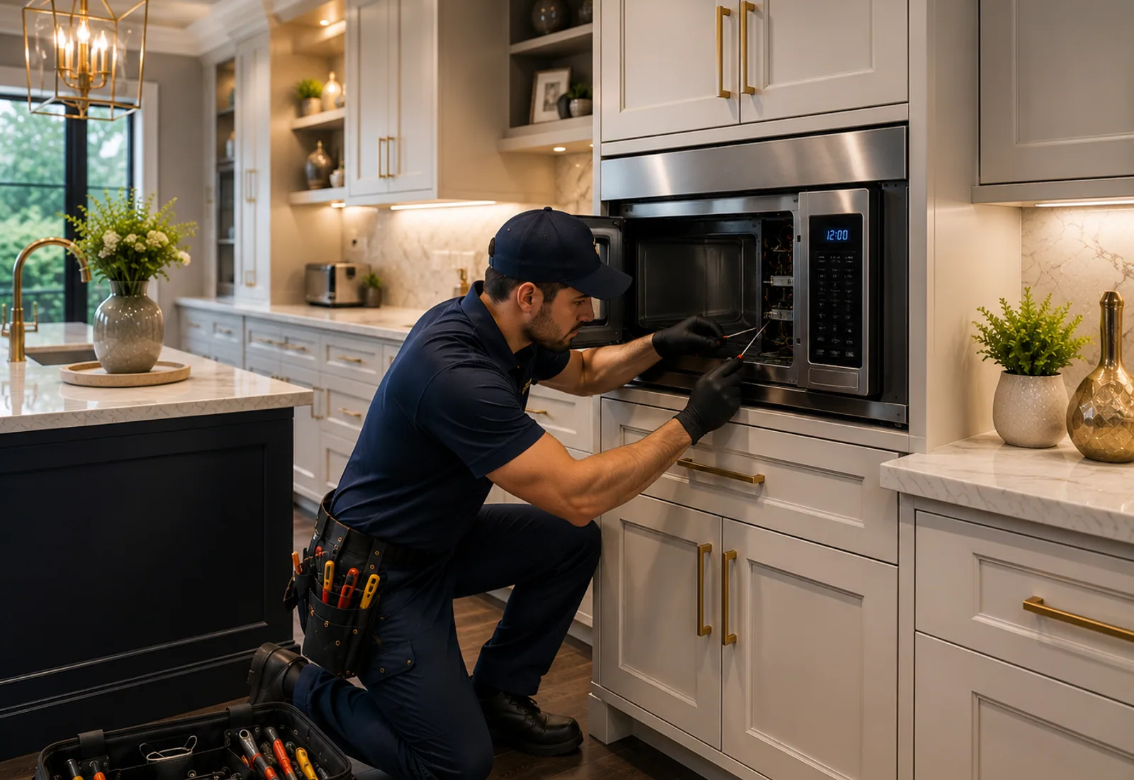 DM Appliance Repair technician fixing a microwave in a Des Moines home
