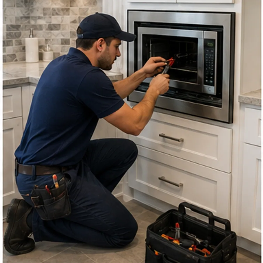 DM Appliance Repair technician repairing an over the range microwave in Des Moines
