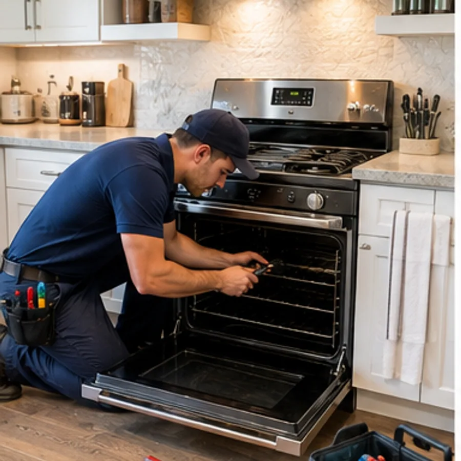 DM Appliance Repair technician servicing a built-in wall oven in a Des Moines home
