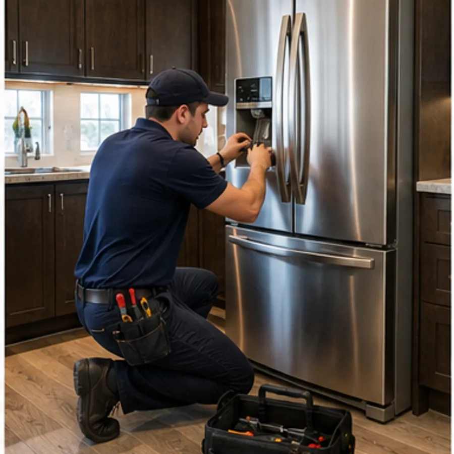 DM Appliance Repair technician fixing a stainless steel refrigerator in a Des Moines kitchen