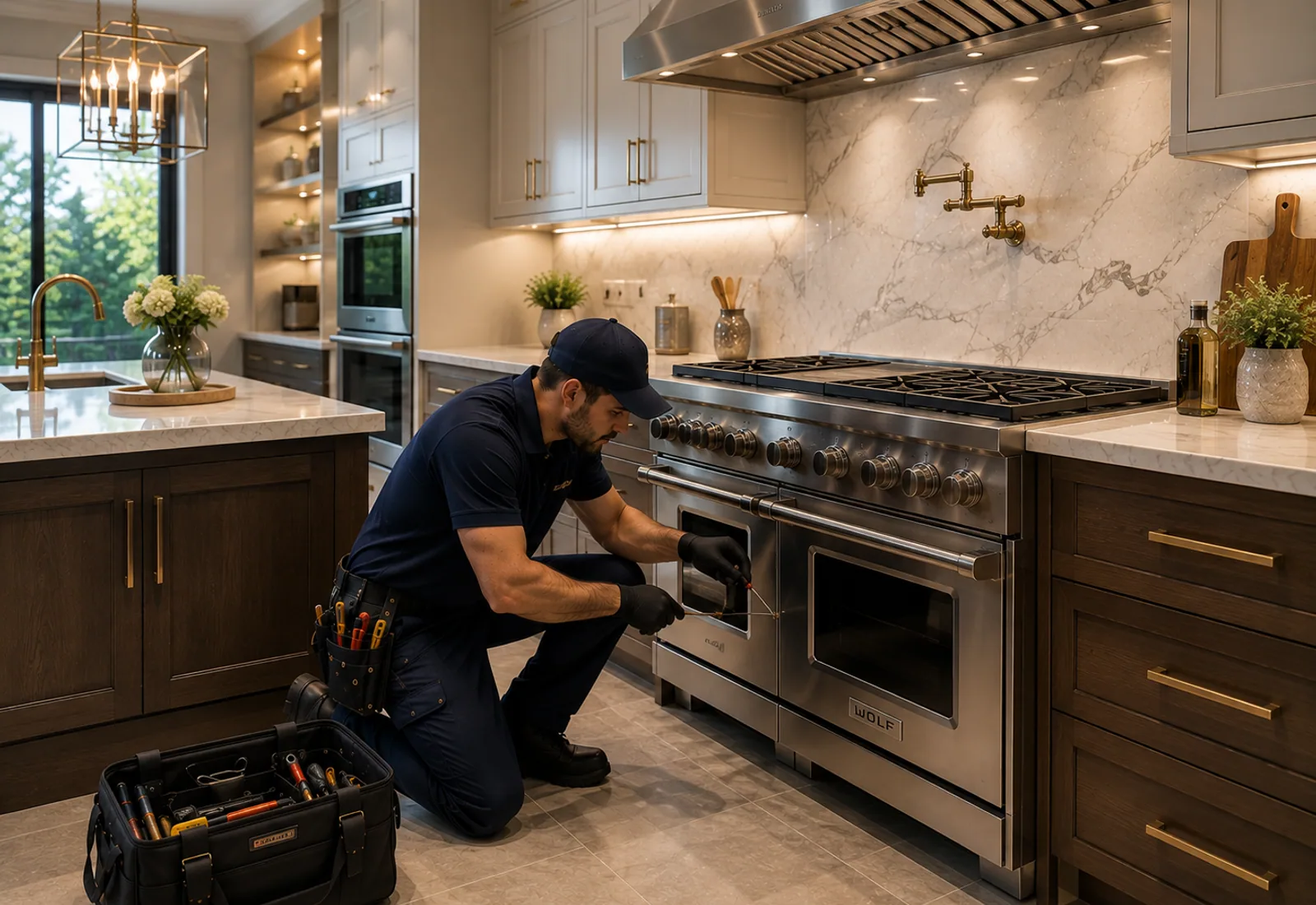 DM Appliance Repair technician fixing a stove in a Des Moines home