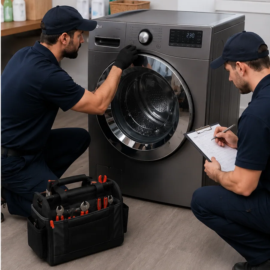 Two DM Appliance Repair technicians inspecting a front load washer in a Des Moines home