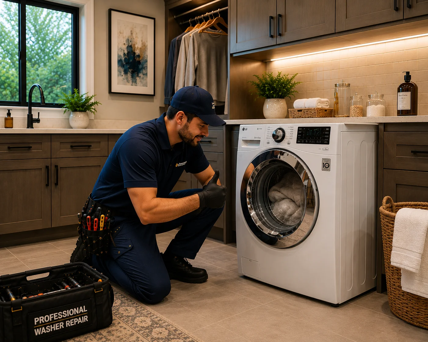 LG washer being repaired in a Des Moines home laundry room