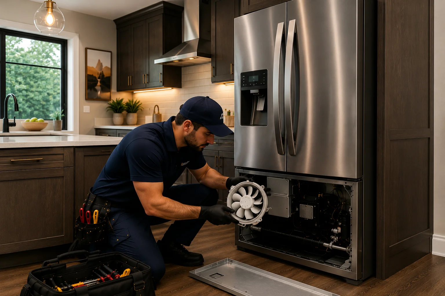 Refrigerator evaporator fan being inspected during service