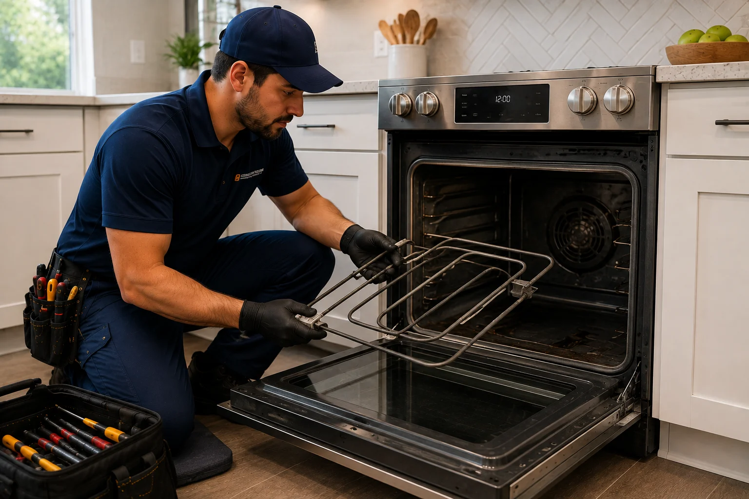 Oven interior with racks visible during service inspection