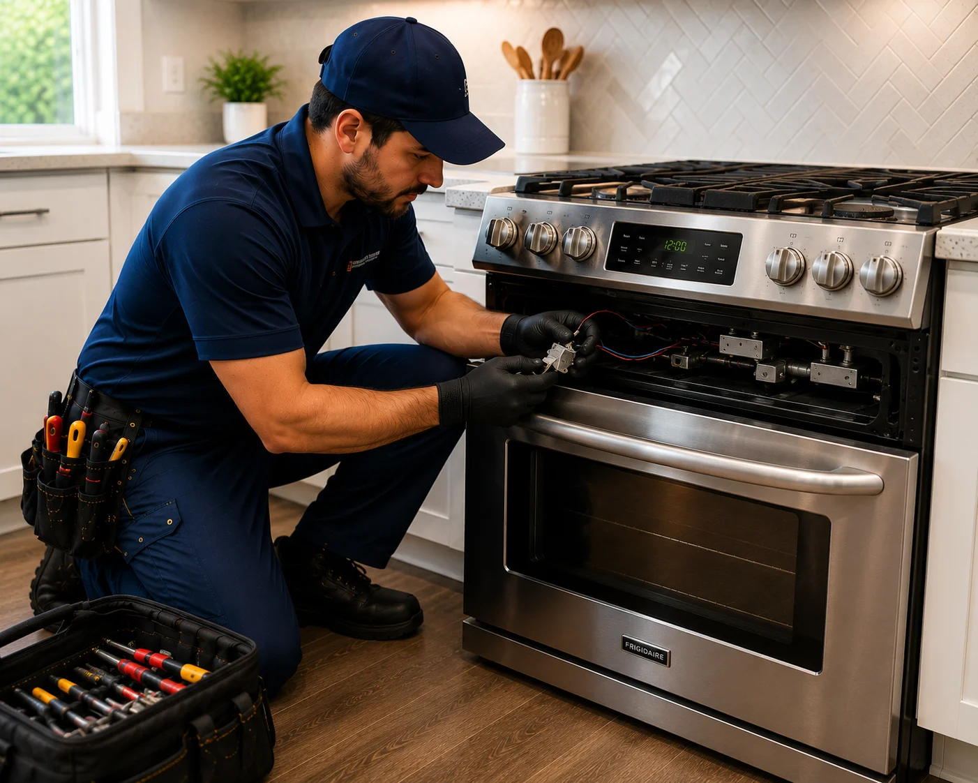 Appliance repair technician evaluating home appliance during service