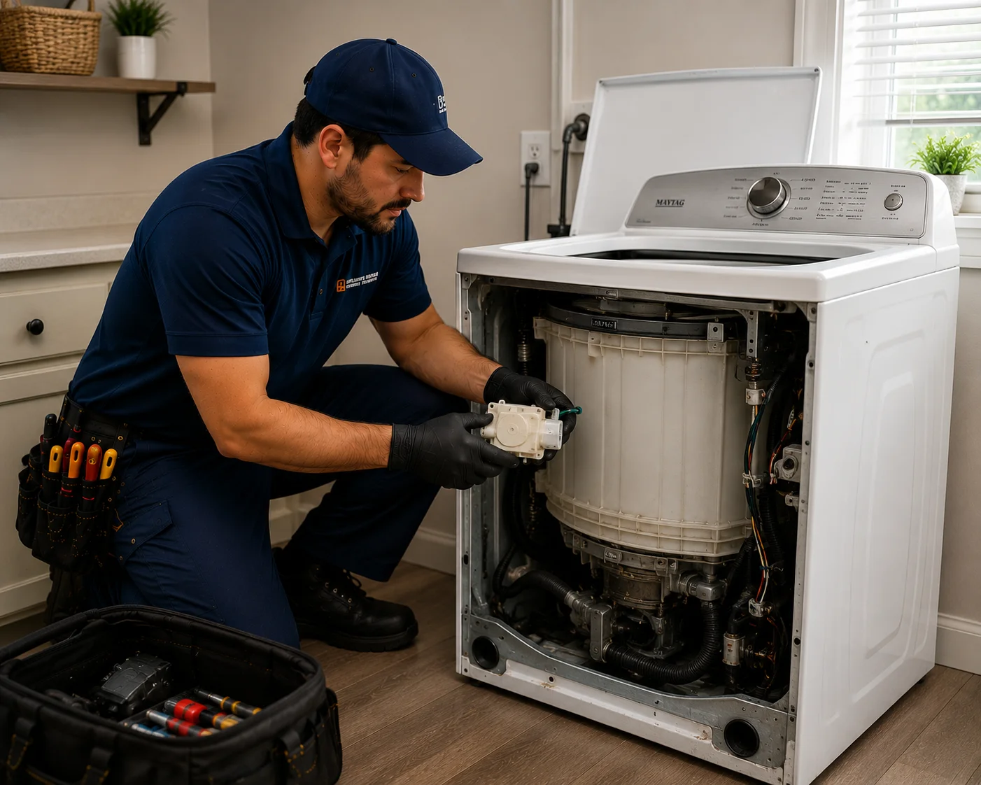 Maytag top load washer with drain motor exposed during service